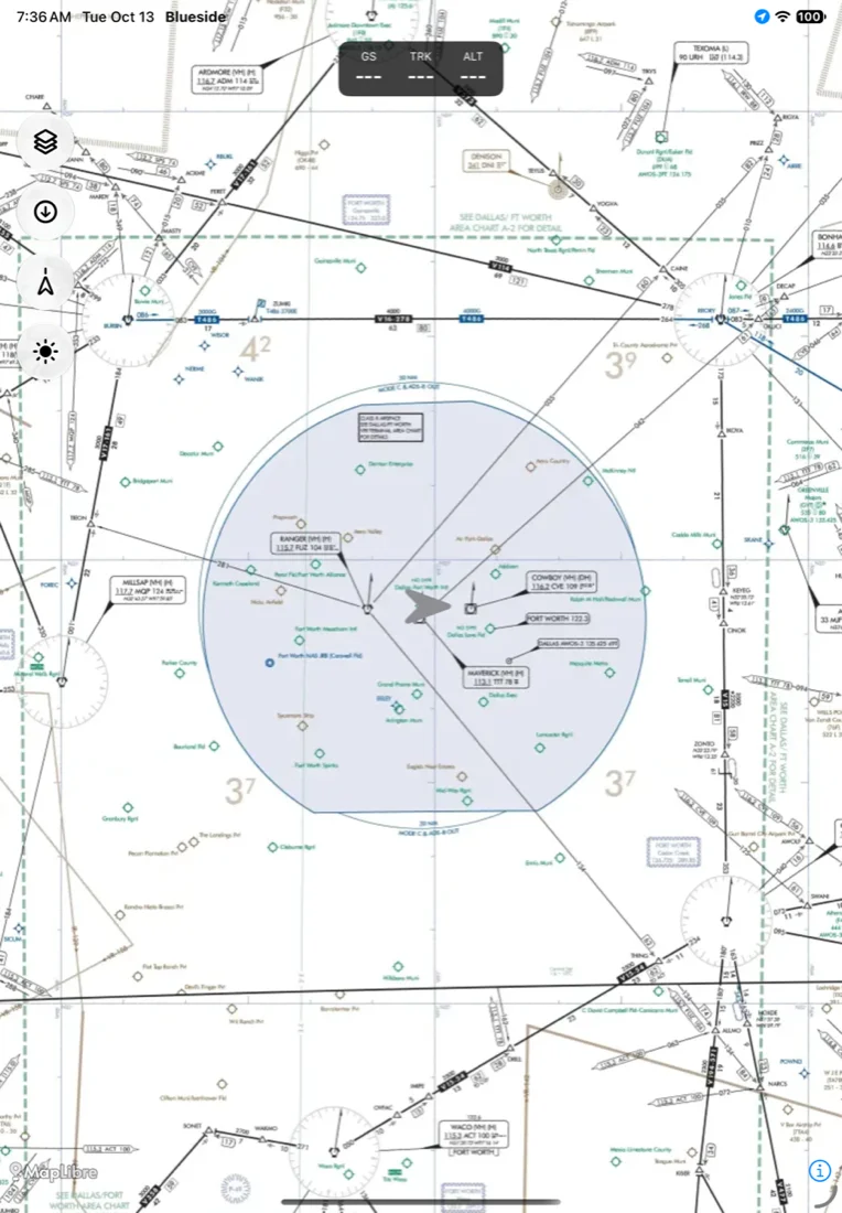 The FAA IFR low enroute chart over Dallas-Fort Worth in Blueside on iPad
