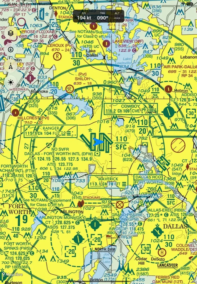 Blueside on iPad showing the FAA VFR sectional chart over Dallas-Fort Worth with the aircraft symbol and groundspeed, track and altitude