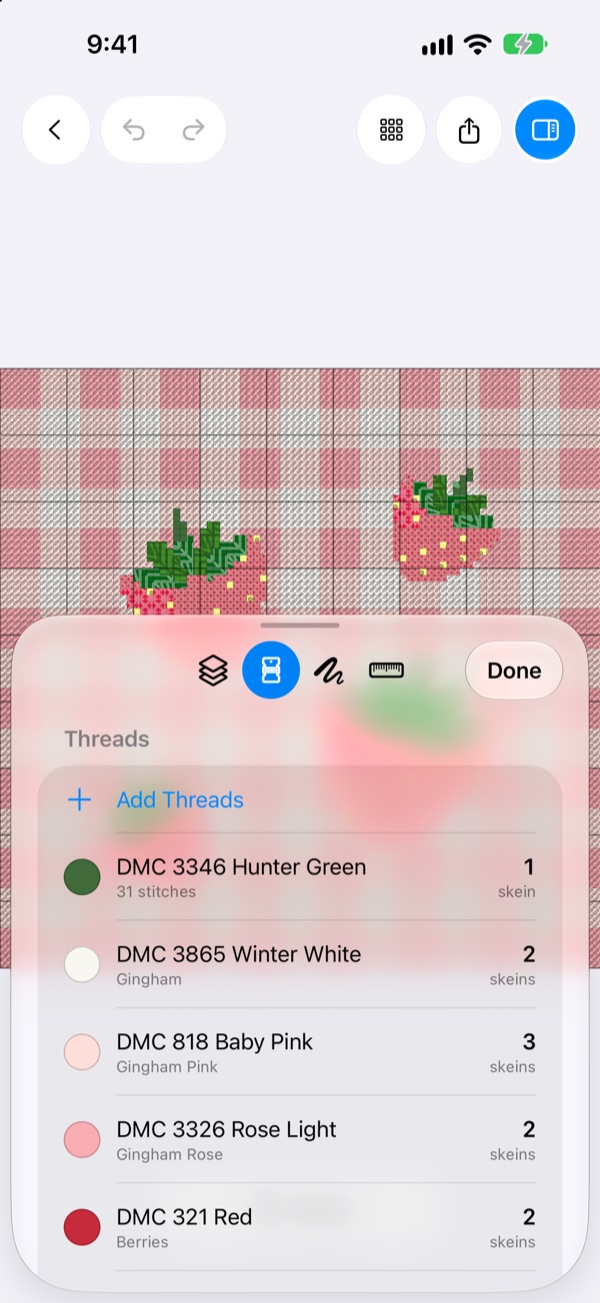A pattern's DMC threads with skein counts