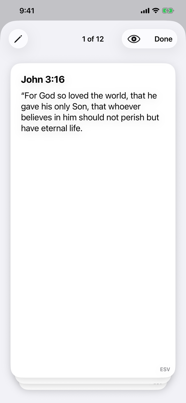 QuickWord card deck showing John 3:16 with the next cards stacked behind it