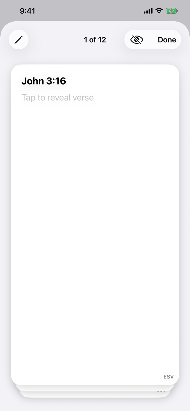 QuickWord flashcard mode showing the reference John 3:16 with the verse hidden