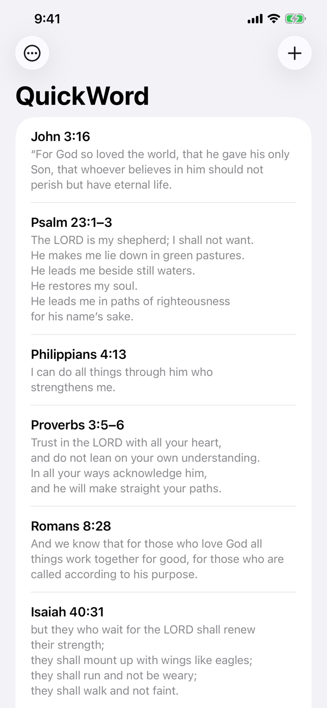 QuickWord verse list in light mode with John 3:16, Psalm 23:1-3, Philippians 4:13, Proverbs 3:5-6, Romans 8:28, and Isaiah 40:31