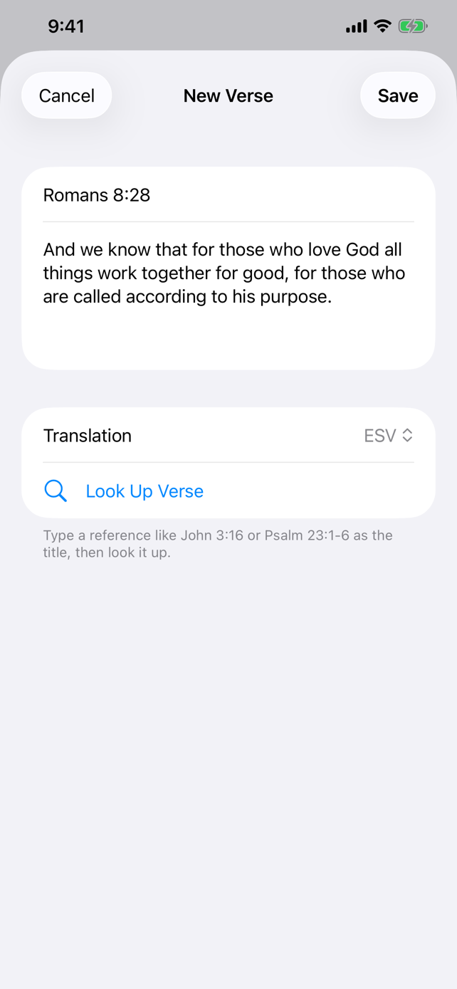 QuickWord new verse screen after looking up Romans 8:28 in the ESV