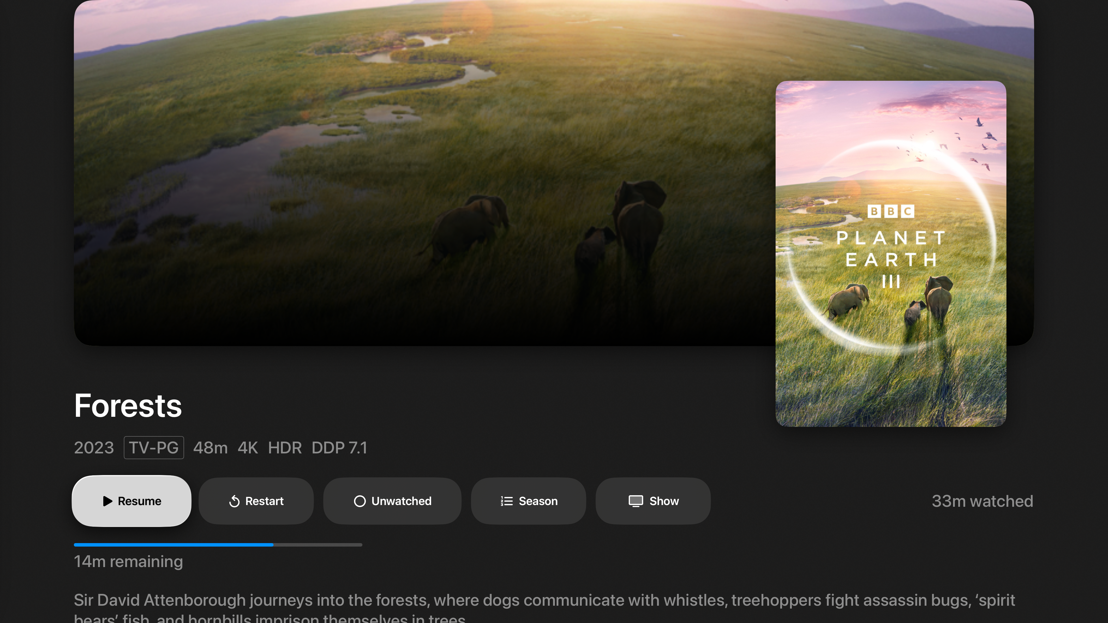 Rivulet episode detail view with 4K HDR metadata and playback options