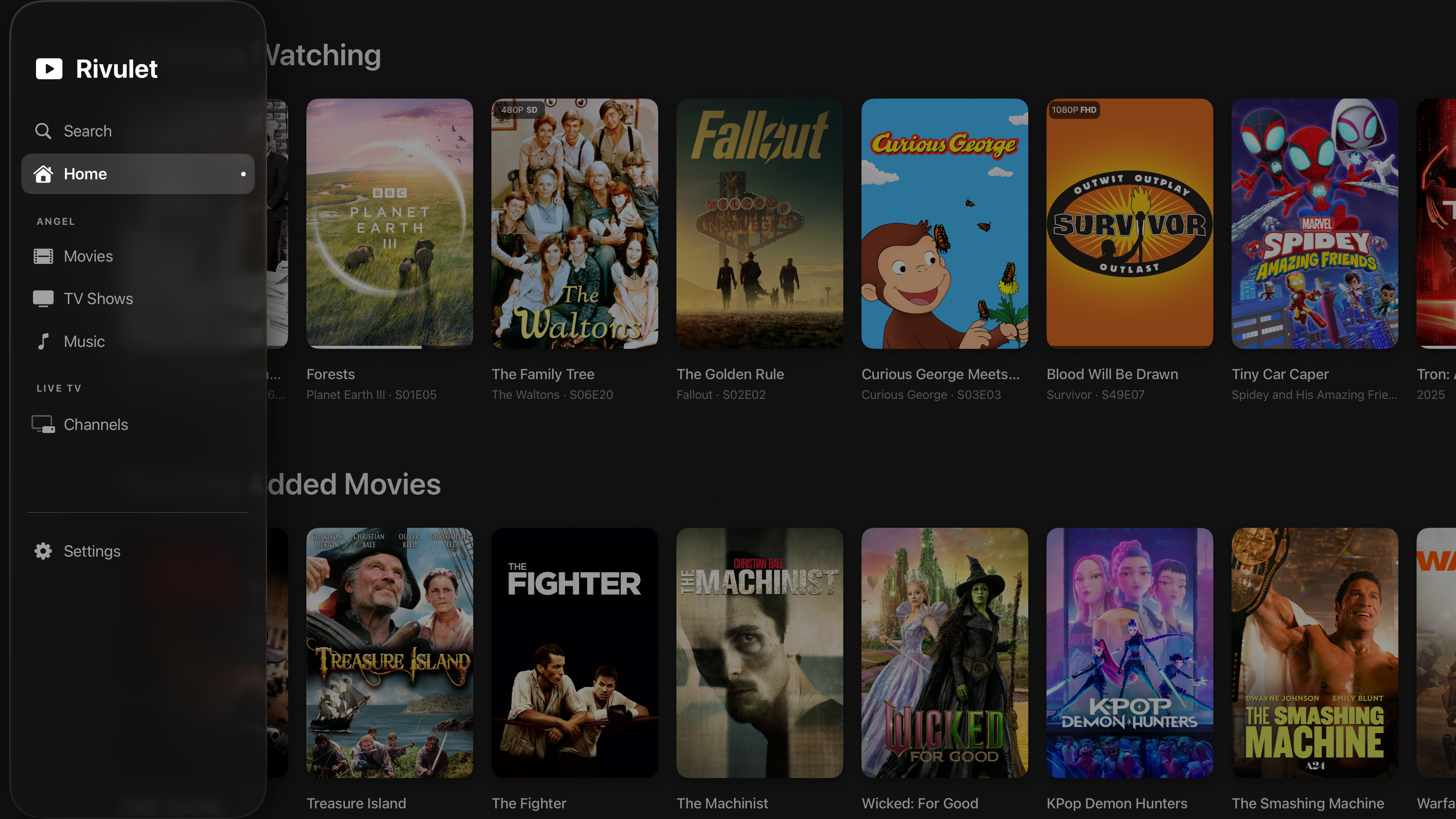 Rivulet home screen with sidebar navigation showing libraries, movies, TV shows, and live TV channels