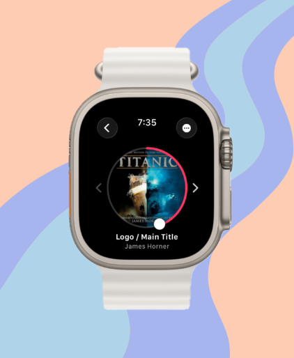 WristStream Now Playing screen showing album art and playback controls